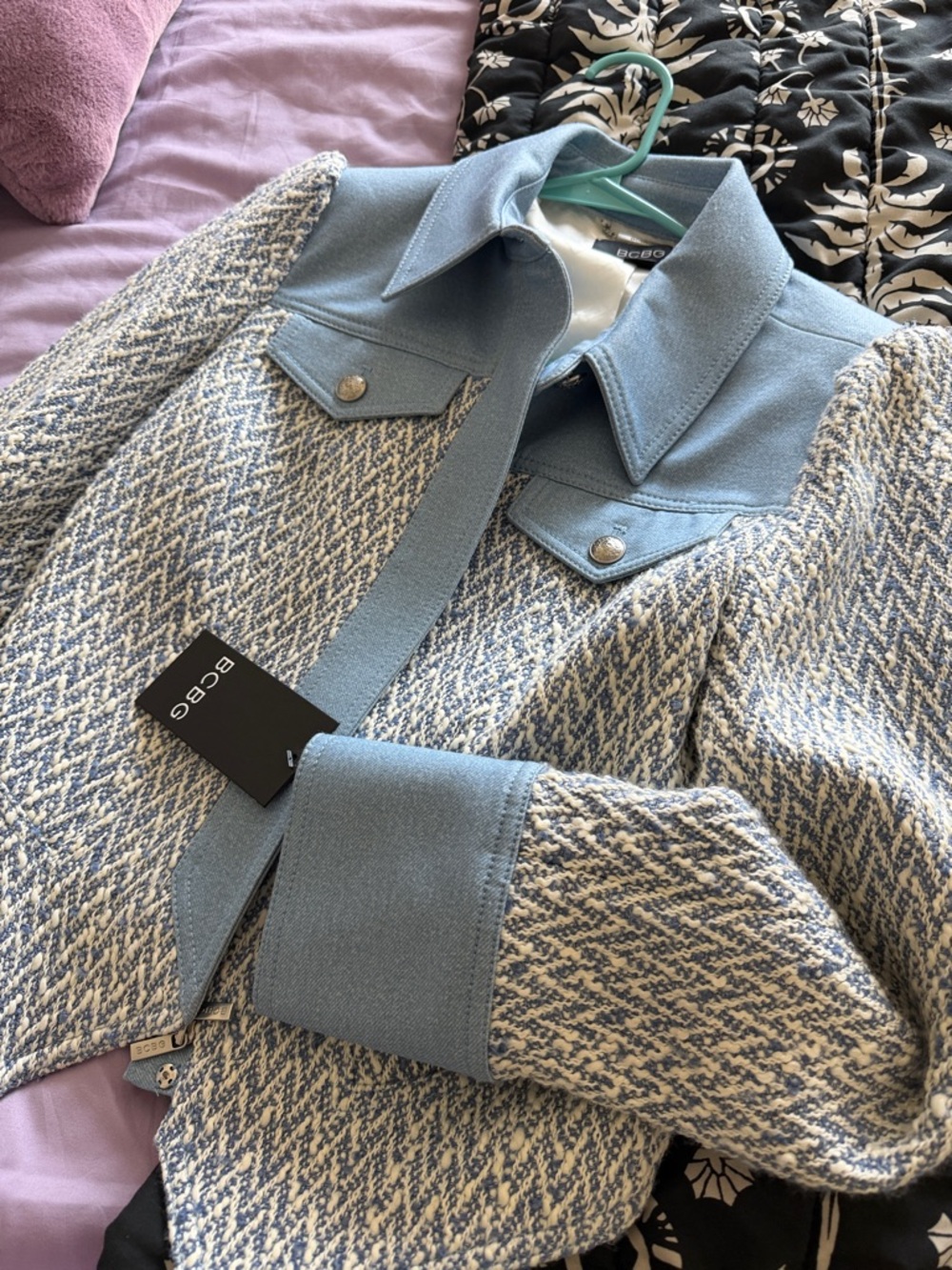 BCBGMaxAzria Light Blue and Cream Tweed Shirt Jacket